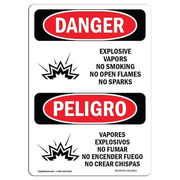 Safety Sign, OSHA Danger, 24" Height, Aluminum, Explosive Vapors No Smoking Spanish